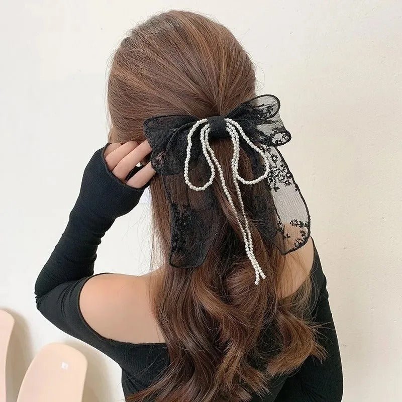Elegant Lace Bow Hair Clip with Pearl Ribbon - Image 2