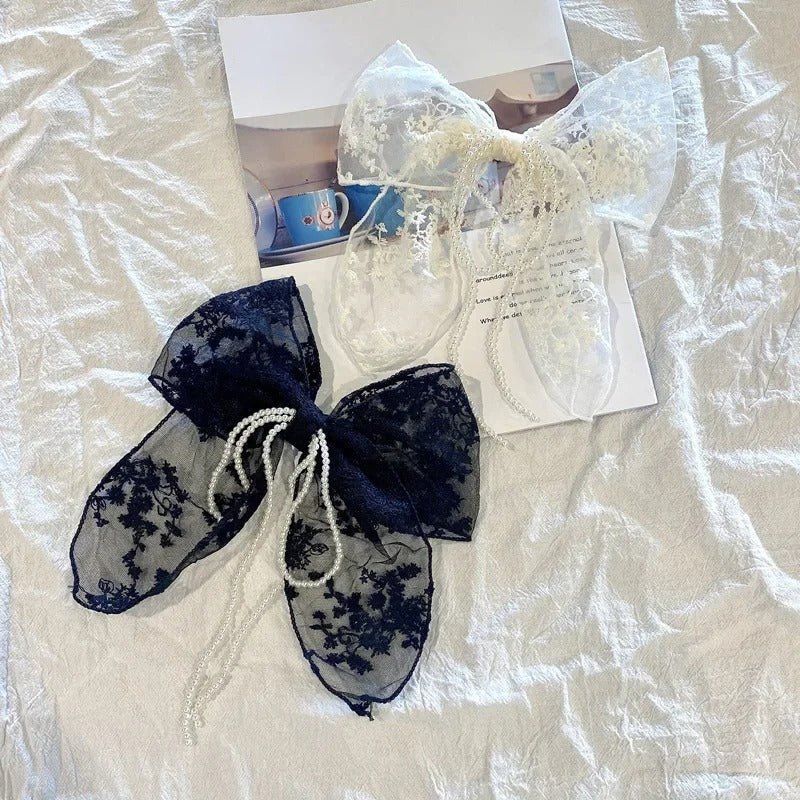 Elegant Lace Bow Hair Clip with Pearl Ribbon - Image 4