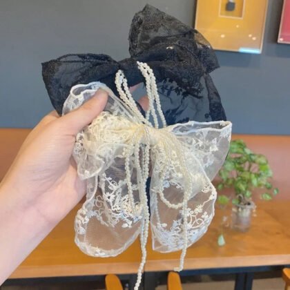 Elegant Lace Bow Hair Clip with Pearl Ribbon