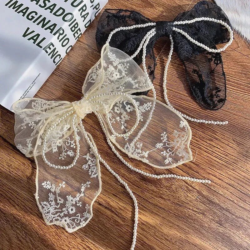 Elegant Lace Bow Hair Clip with Pearl Ribbon - Image 12