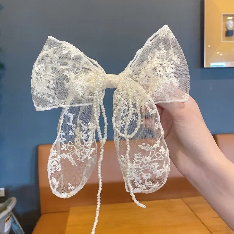 Elegant Lace Bow Hair Clip with Pearl Ribbon - Image 6