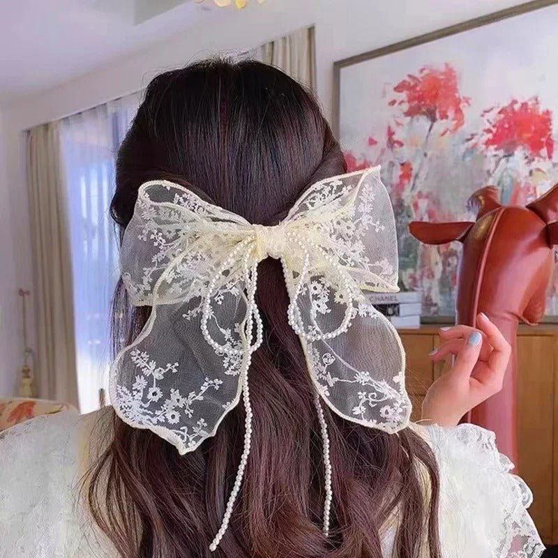 Elegant Lace Bow Hair Clip with Pearl Ribbon - Image 9