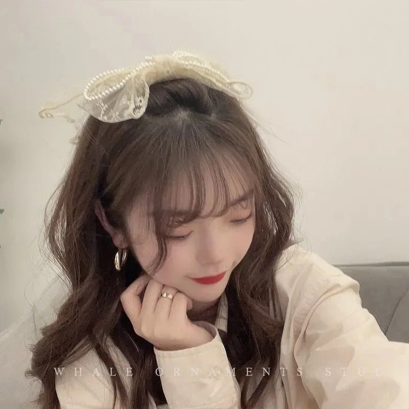 Elegant Lace Bow Hair Clip with Pearl Ribbon - Image 14