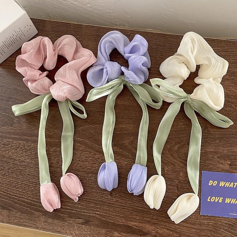 Charming Korean Style Cute Satin Tulip Ribbon Scrunchies - Image 2