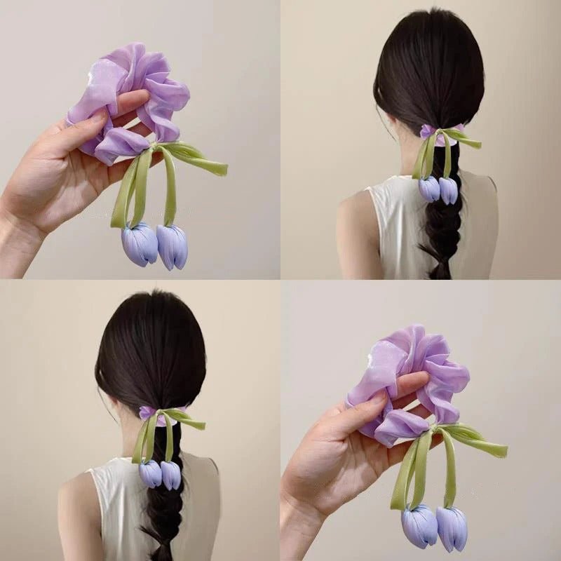 Charming Korean Style Cute Satin Tulip Ribbon Scrunchies - Image 7